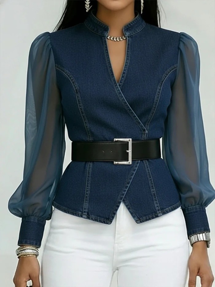 Vintage V Neck Faux Denim Blouse for Office Daily and Streetwear Look