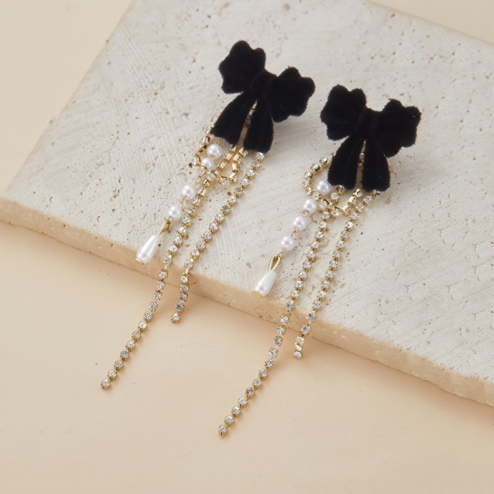Elegant Bow Tassel Zircon Drop Earrings For Daily All Season Wear