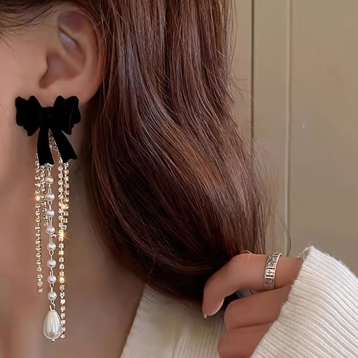 Elegant Bow Tassel Zircon Drop Earrings For Daily All Season Wear