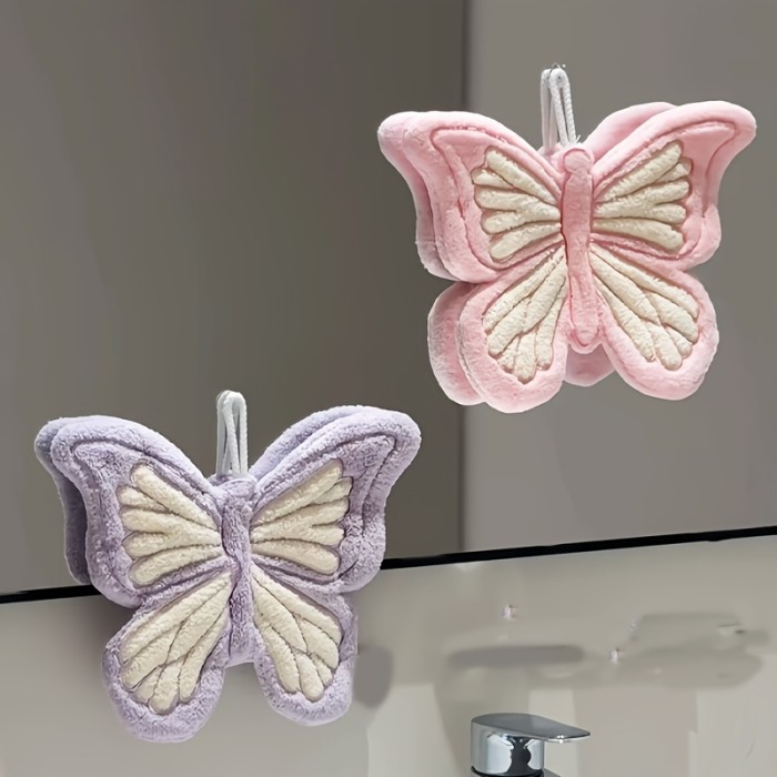 Butterfly Print Thick Coral Hand Towel Quick Dry With Hanging Loop For Daily Use