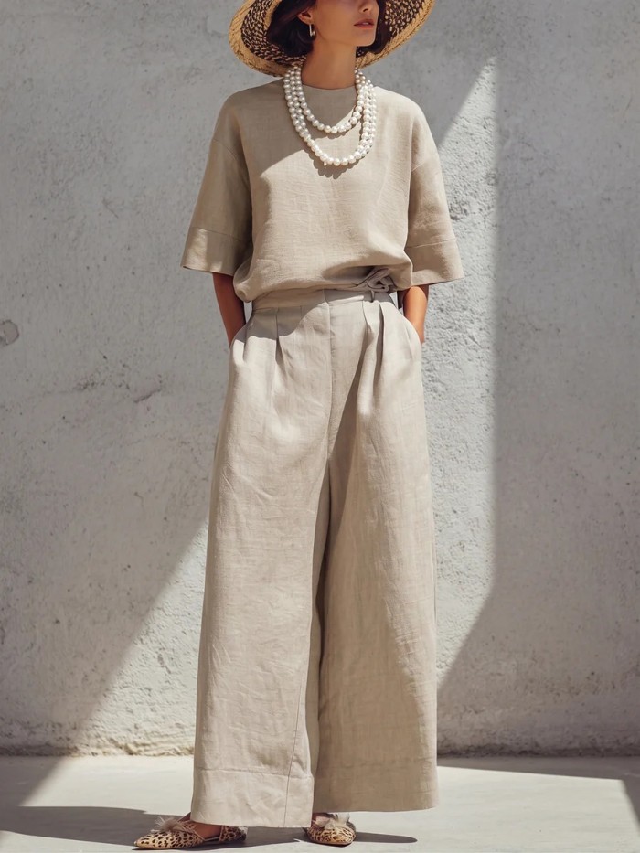 Solid Linen Two Piece Set for Daily Commute and Summer Brunch