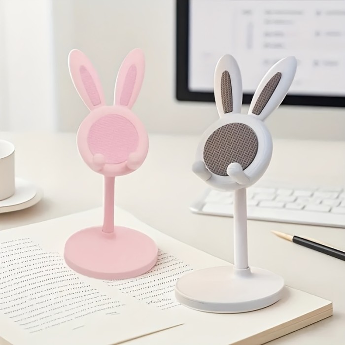 Cute Pink Floral Easter Bunny Phone Stand With Bow for Home Office Desktop Decor