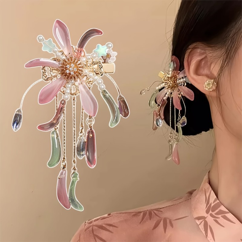Pink Firework Tassel Flower Hair Clip for Vacation Photoshoots and Tea Parties