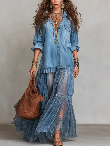Mesh Splice Belted Denim Maxi Dress for Daily Wear and Brunch