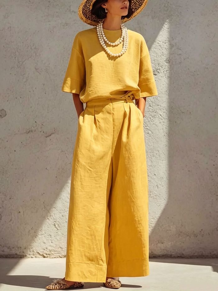 Solid Linen Two Piece Set for Daily Commute and Summer Brunch