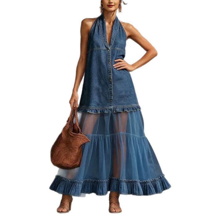 Halter Deep V Mesh Splice Denim Maxi Dress for Beach and Daily Streetwear