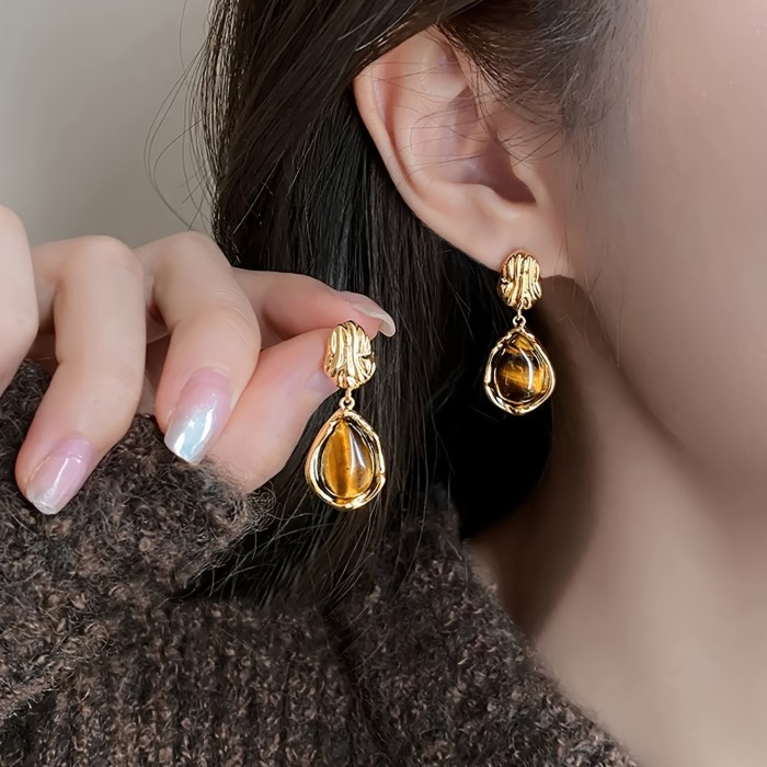 3 Pairs Vintage Brown Resin Inlaid Earrings Set for Daily Wear and Evening Parties