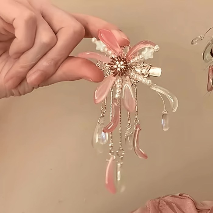 Pink Firework Tassel Flower Hair Clip for Vacation Photoshoots and Tea Parties