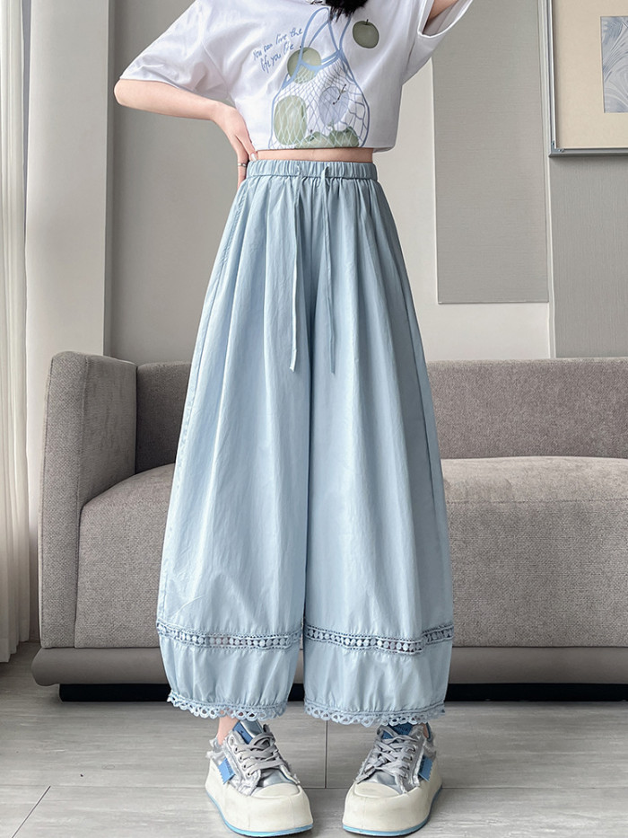 Elastic Waist Pocket Wide Leg Pants Casual Commute and Vacation Trips