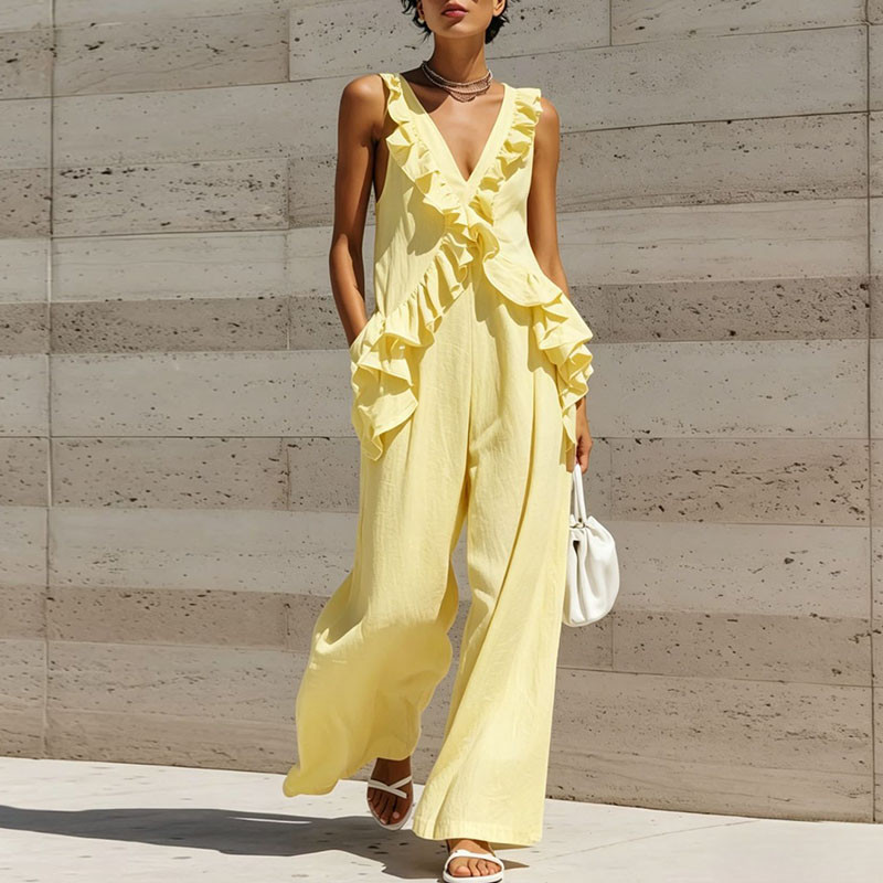 V-Neck Ruffled Solid Jumpsuit for Vacation and Weekend Brunches