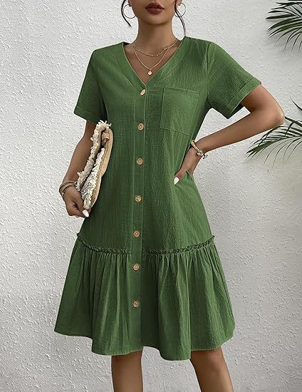 🌿 V-Neck Ruffle Cotton Linen Mini Dress for Daily Strolls and Weekend Brunches