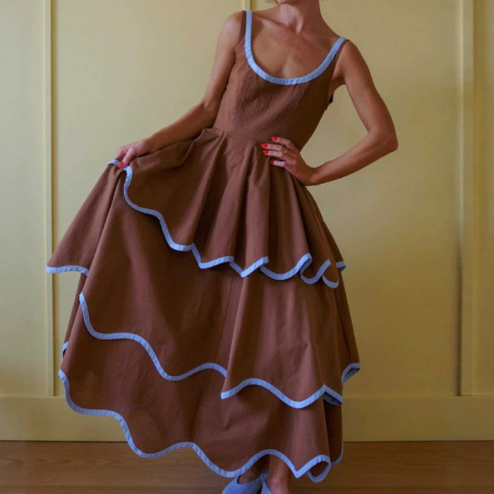 U-Neck Color Block Ruffled A-Line Maxi Dress for Dating and Evening Parties