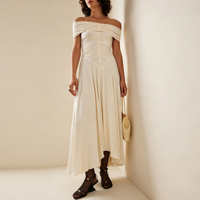 One Shoulder Solid Pleated Maxi Dress for Dating and Evening Parties