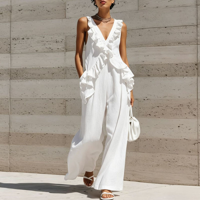 V-Neck Ruffled Solid Jumpsuit for Vacation and Weekend Brunches