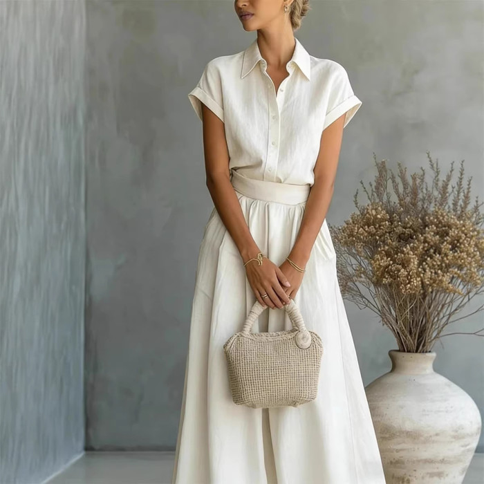 Solid Color Shirt Wide Leg Pants Two-piece Set for Daily Work and Weekend Outings