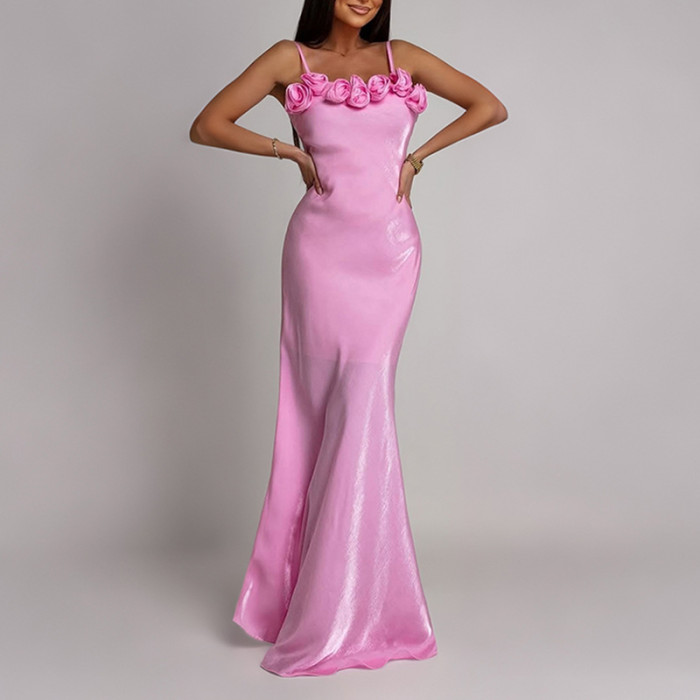 Spaghetti Strap 3D Floral Maxi Dress for Dating and Evening Parties