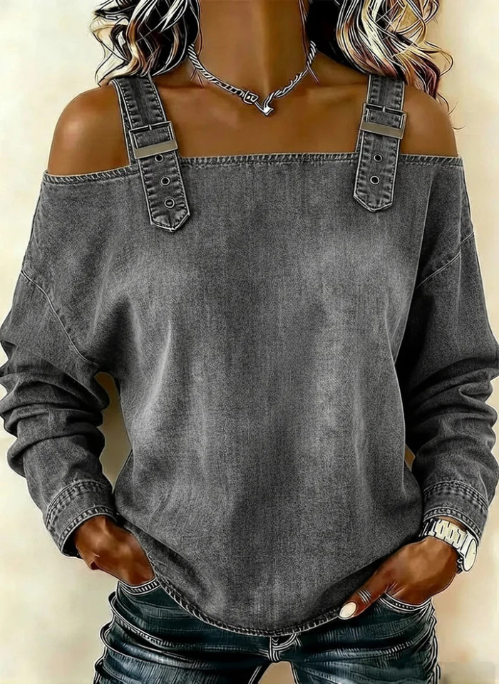 Off Shoulder Backless Denim Top for Streetwear and Casual Work Occasions