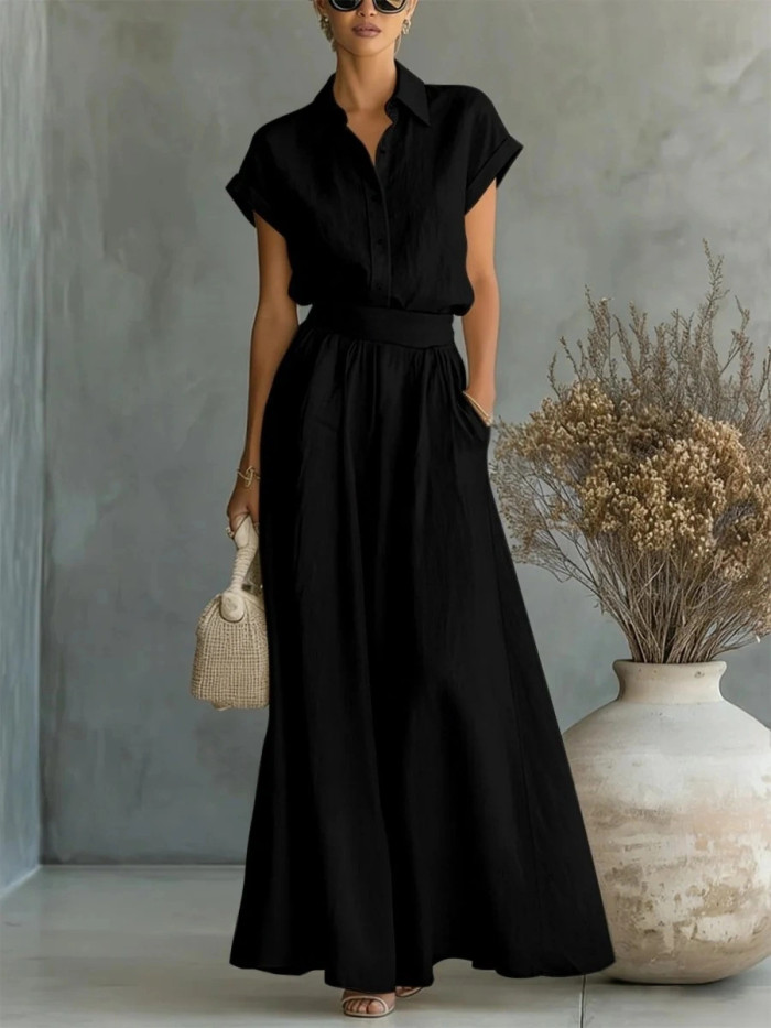 Solid Color Shirt Wide Leg Pants Two-piece Set for Daily Work and Weekend Outings
