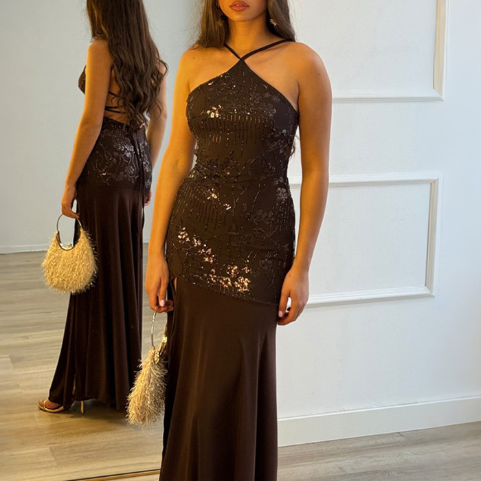 ✨ Halter Sequins Floral Patchwork Long Dress for Evening Parties and Banquets