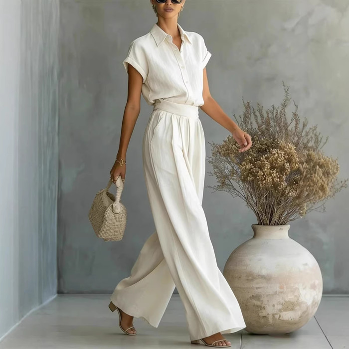 Solid Color Shirt Wide Leg Pants Two-piece Set for Daily Work and Weekend Outings