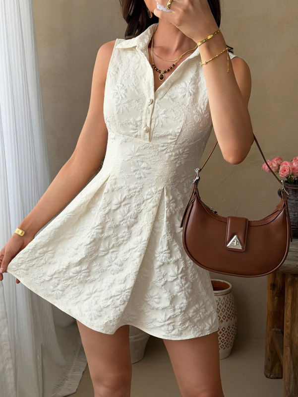 Solid Pleated Jacquard Mini Dress Casual Outings and Small Parties