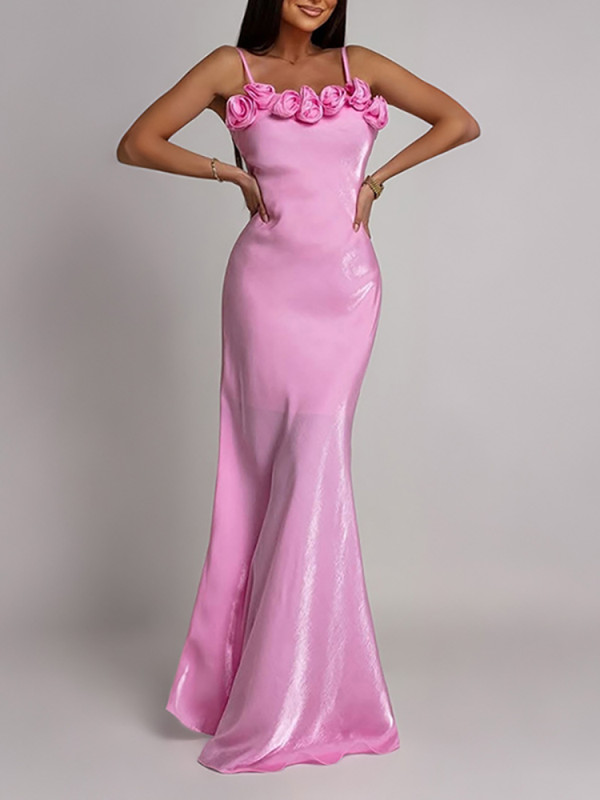 Spaghetti Strap 3D Floral Maxi Dress for Dating and Evening Parties