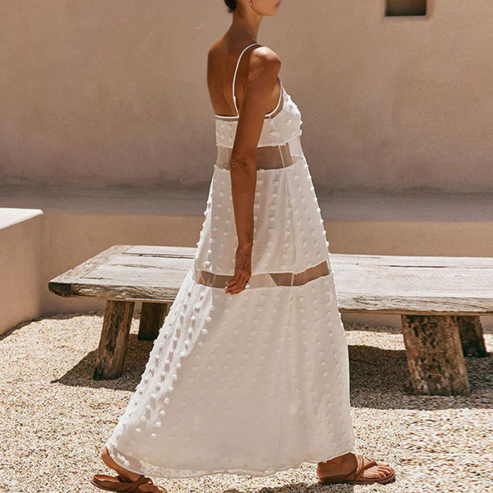 Off Shoulder Sheer Patchwork Suspender Maxi Dress for Parties and Vacation