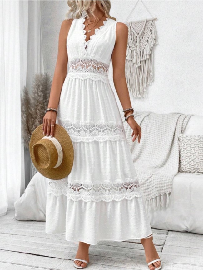 🤍 Lace V-Neck Ruffle White Party Dress for Prom and Evening Banquets