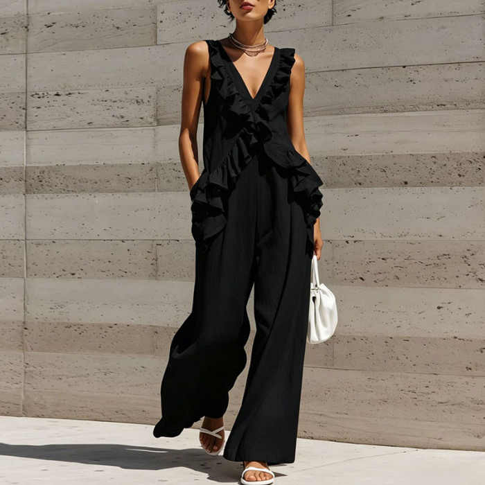 V-Neck Ruffled Solid Jumpsuit for Vacation and Weekend Brunches