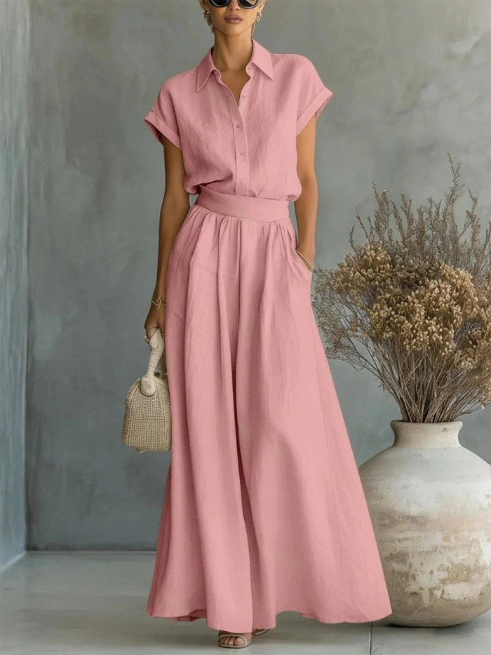 Solid Color Shirt Wide Leg Pants Two-piece Set for Daily Work and Weekend Outings