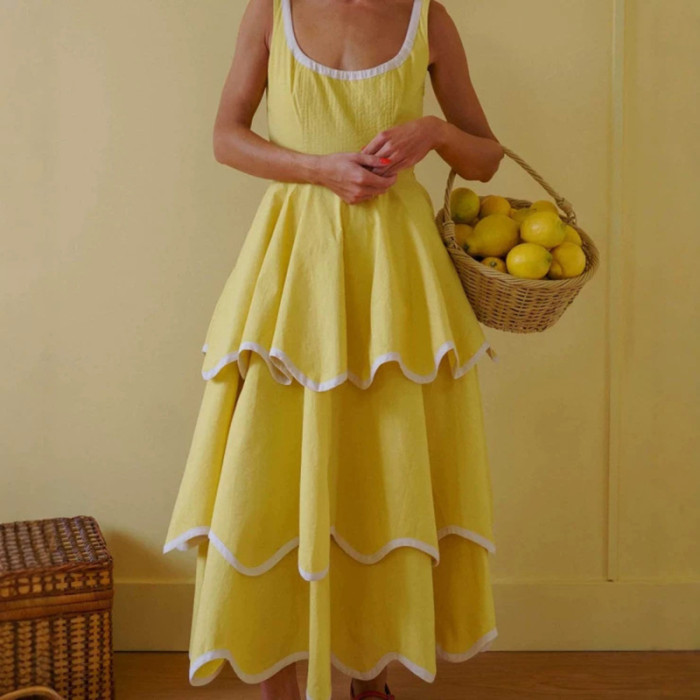 U-Neck Color Block Ruffled A-Line Maxi Dress for Dating and Evening Parties