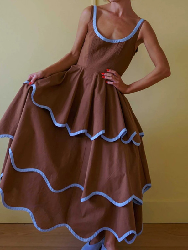 U-Neck Color Block Ruffled A-Line Maxi Dress for Dating and Evening Parties