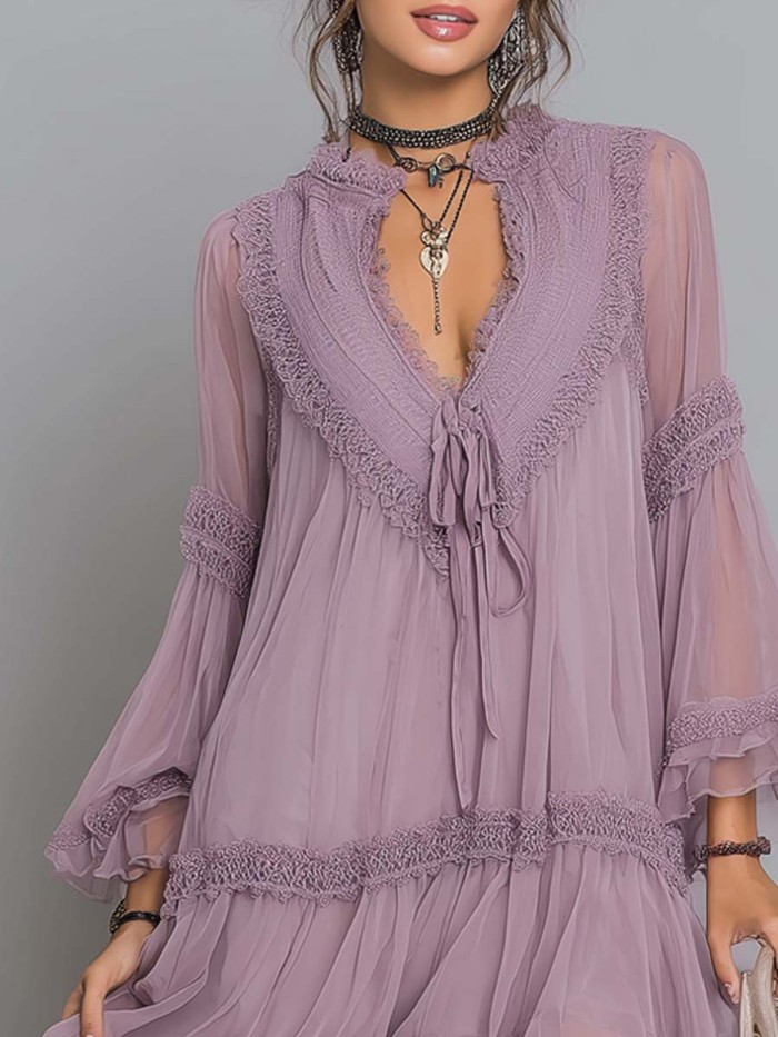 Spring Summer V Neck Lace Chic Mini Dress for Holiday Fashion and Party Events