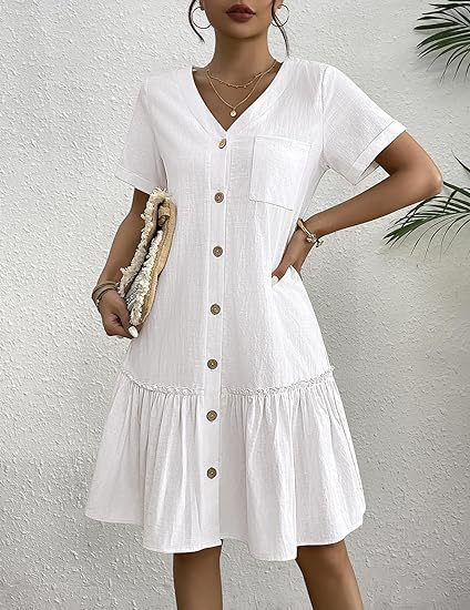 🌿 V-Neck Ruffle Cotton Linen Mini Dress for Daily Strolls and Weekend Brunches