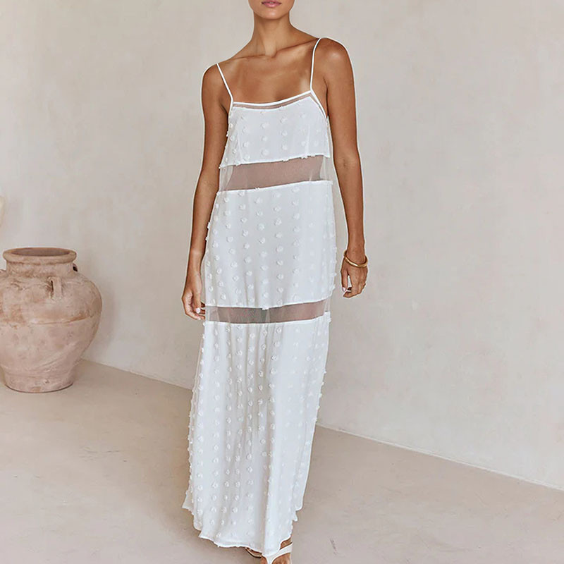 Off Shoulder Sheer Patchwork Suspender Maxi Dress for Parties and Vacation