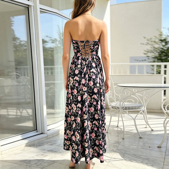 Strapless Backless Printed High Waist Long Dress for Evening Parties and Banquets