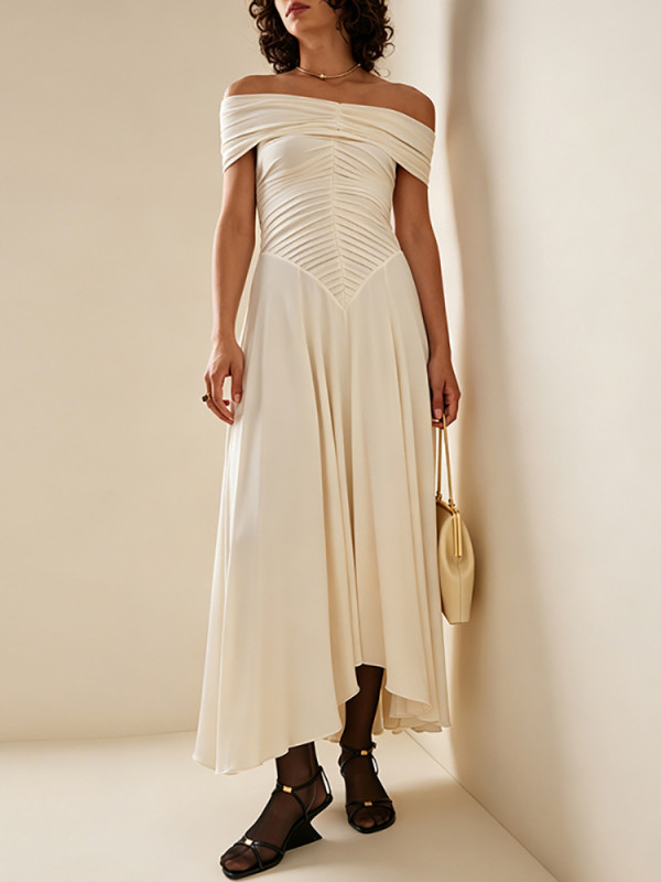 One Shoulder Solid Pleated Maxi Dress for Dating and Evening Parties