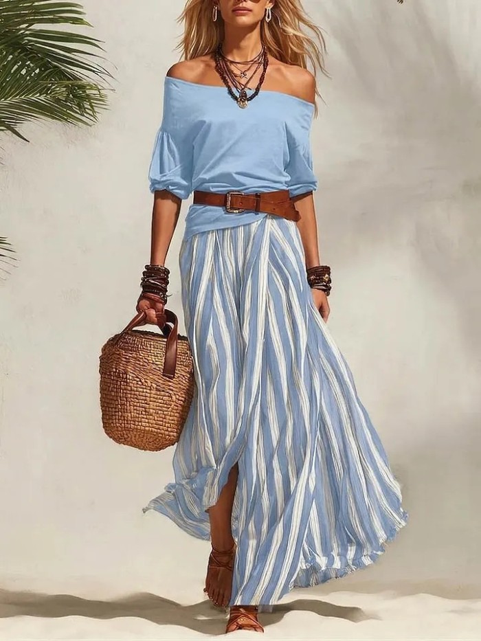 Elegant Striped Two Piece Outfit for Holiday Photoshoots and Weekend Brunches