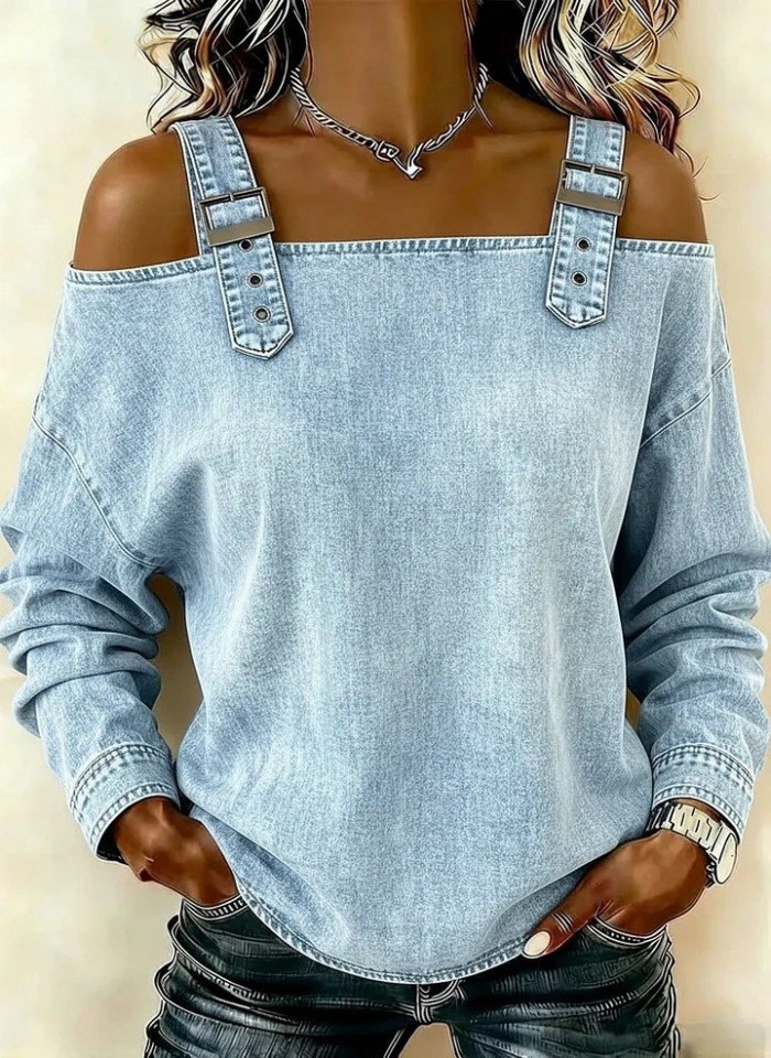 Off Shoulder Backless Denim Top for Streetwear and Casual Work Occasions