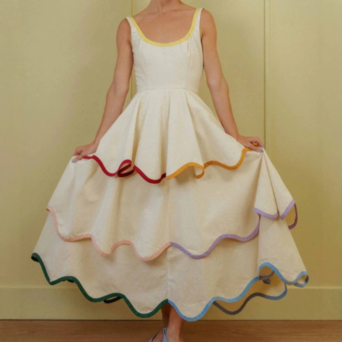U-Neck Color Block Ruffled A-Line Maxi Dress for Dating and Evening Parties