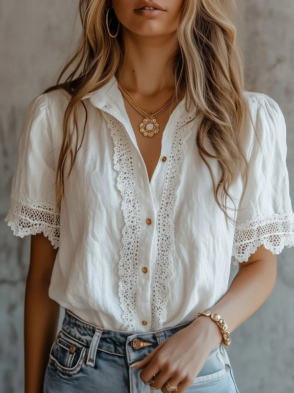 Lapel Hollow Button Blouse for Daily Commute and Weekend Brunch
