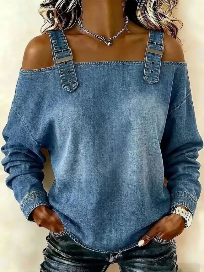 Off Shoulder Backless Denim Top for Streetwear and Casual Work Occasions