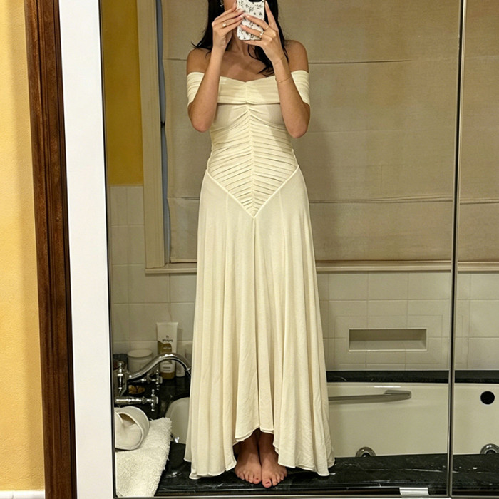 One Shoulder Solid Pleated Maxi Dress for Dating and Evening Parties