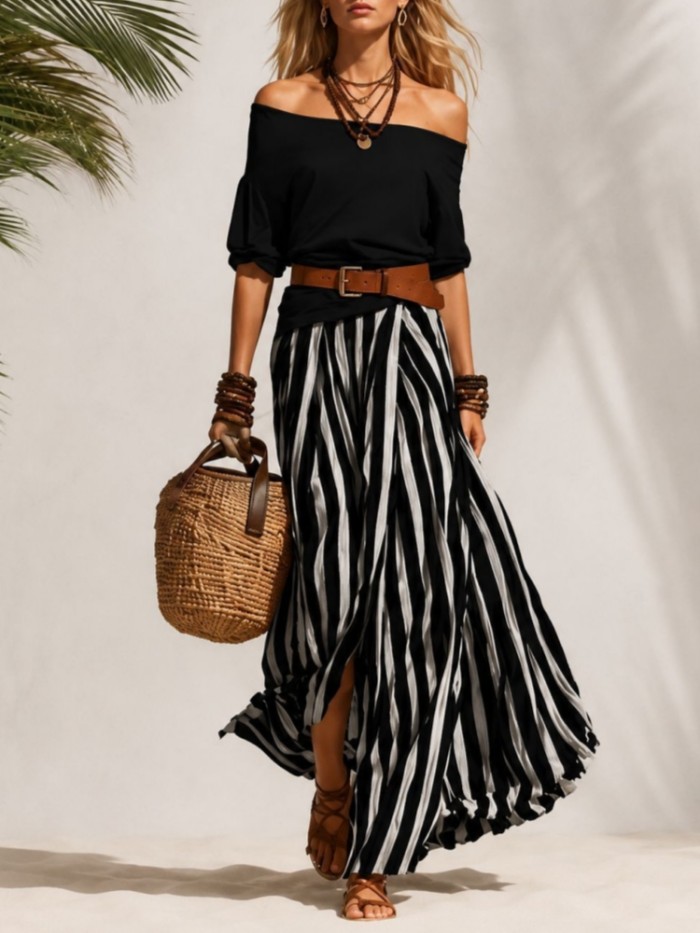 Elegant Striped Two Piece Outfit for Holiday Photoshoots and Weekend Brunches
