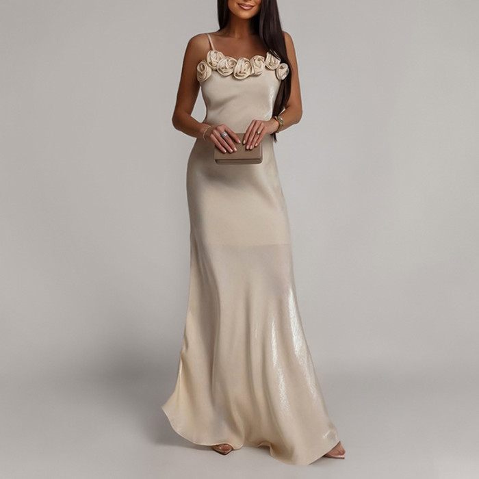 Spaghetti Strap 3D Floral Maxi Dress for Dating and Evening Parties