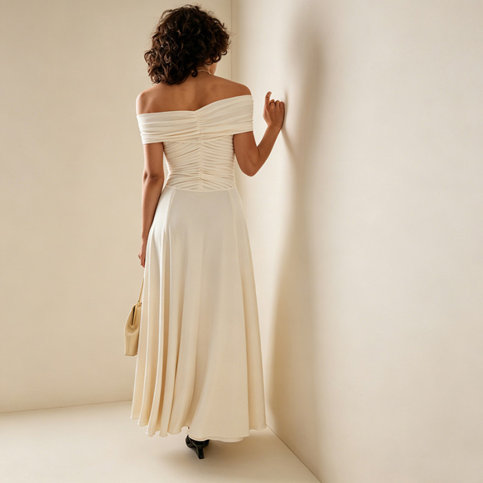 One Shoulder Solid Pleated Maxi Dress for Dating and Evening Parties