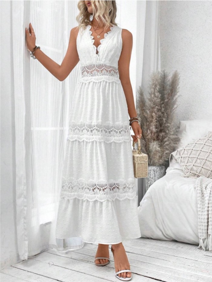 🤍 Lace V-Neck Ruffle White Party Dress for Prom and Evening Banquets