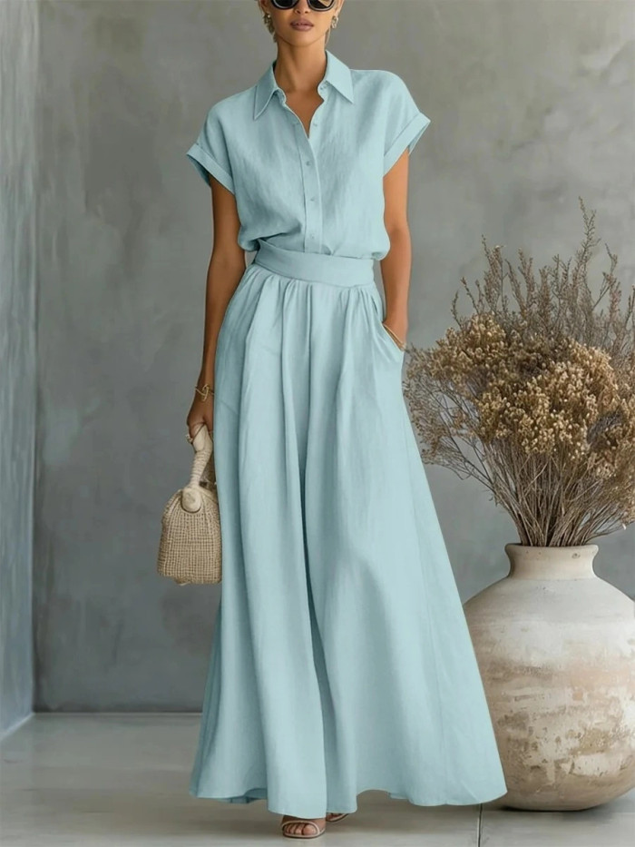 Solid Color Shirt Wide Leg Pants Two-piece Set for Daily Work and Weekend Outings
