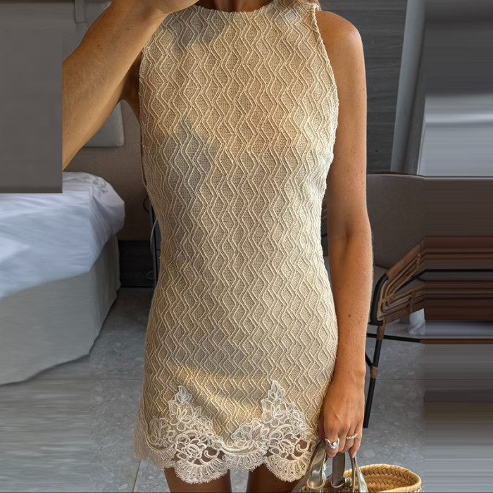 O-Neck Lace Patchwork Knit Mini Dress for Dates and Evening Parties
