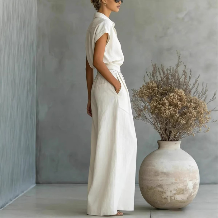 Solid Color Shirt Wide Leg Pants Two-piece Set for Daily Work and Weekend Outings